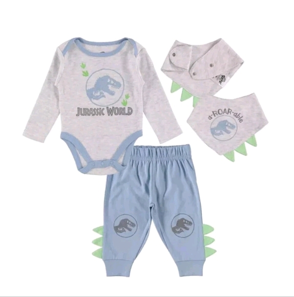 NWT Jurassic World Universal Baby 3pc Set Pants Shirt Bib Size 0-3 Months - Picture 2 of 6